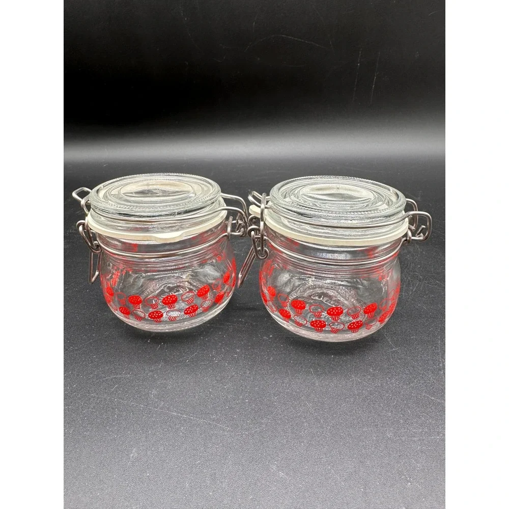 IKEA KORKEN Mushroom Glass Clamp Jars Set of 2 Red Clear 4oz Spice Storage